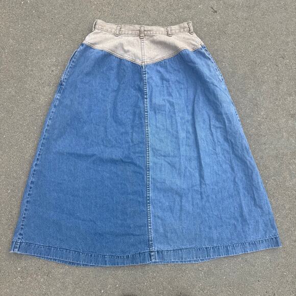 Vintage 80s OshKosh Two Tone Block V Yoke Midi A Line Jean Skirt Western 12 - Picture 2 of 10